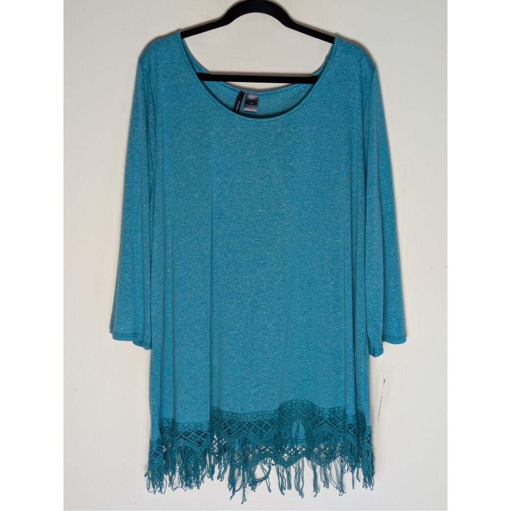 New Directions Women's 3X Jade Crochet Tassel Hem 3/4 Sleeve Linen Blend Tunic